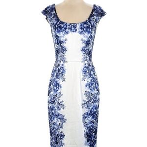 white house black market stunning blue floral midi bodycon dress size S